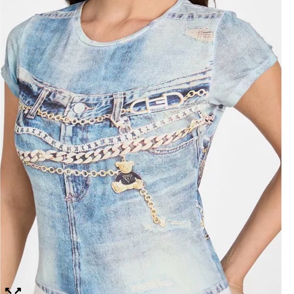 Guess Blue Denim Chain Print Top - Picture 3 of 7